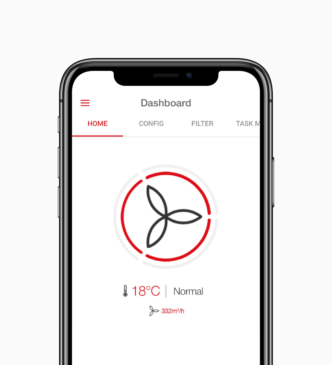 Smartphone met het dashboard van de Zehnder-app: ventilatorstand, 18 °C en 332 m³/h