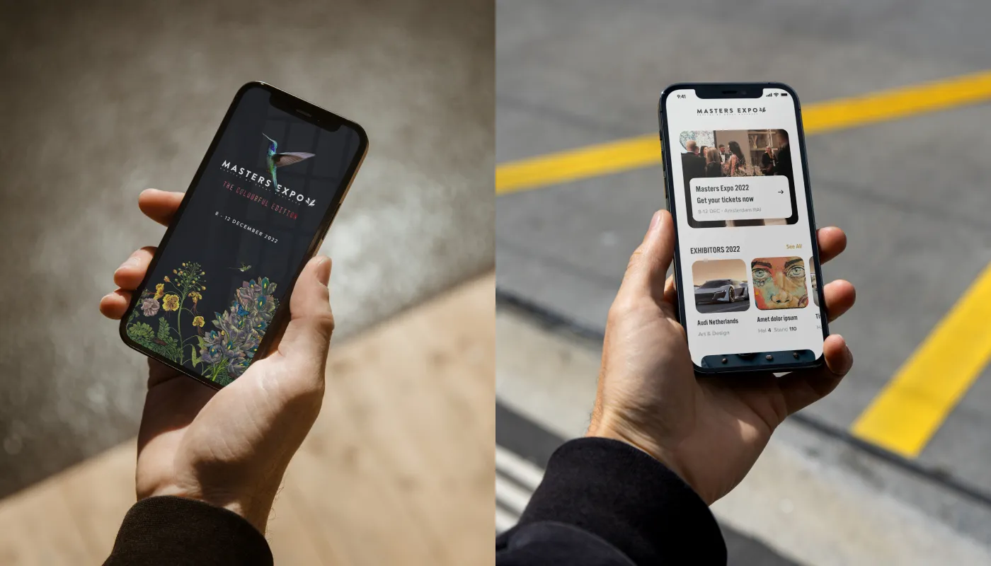 Two hands holding smartphones showing the splash screen and the home screen of the MASTERS EXPO app