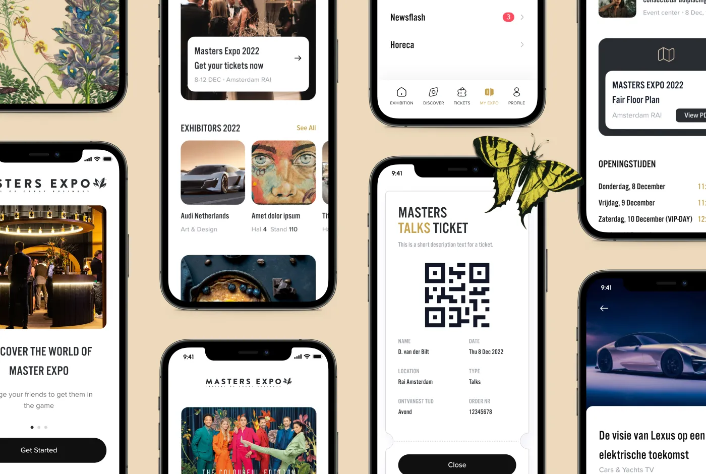 Screens from the MASTERS EXPO app: exhibitors, a ticket with QR code, the floor plan and opening hours