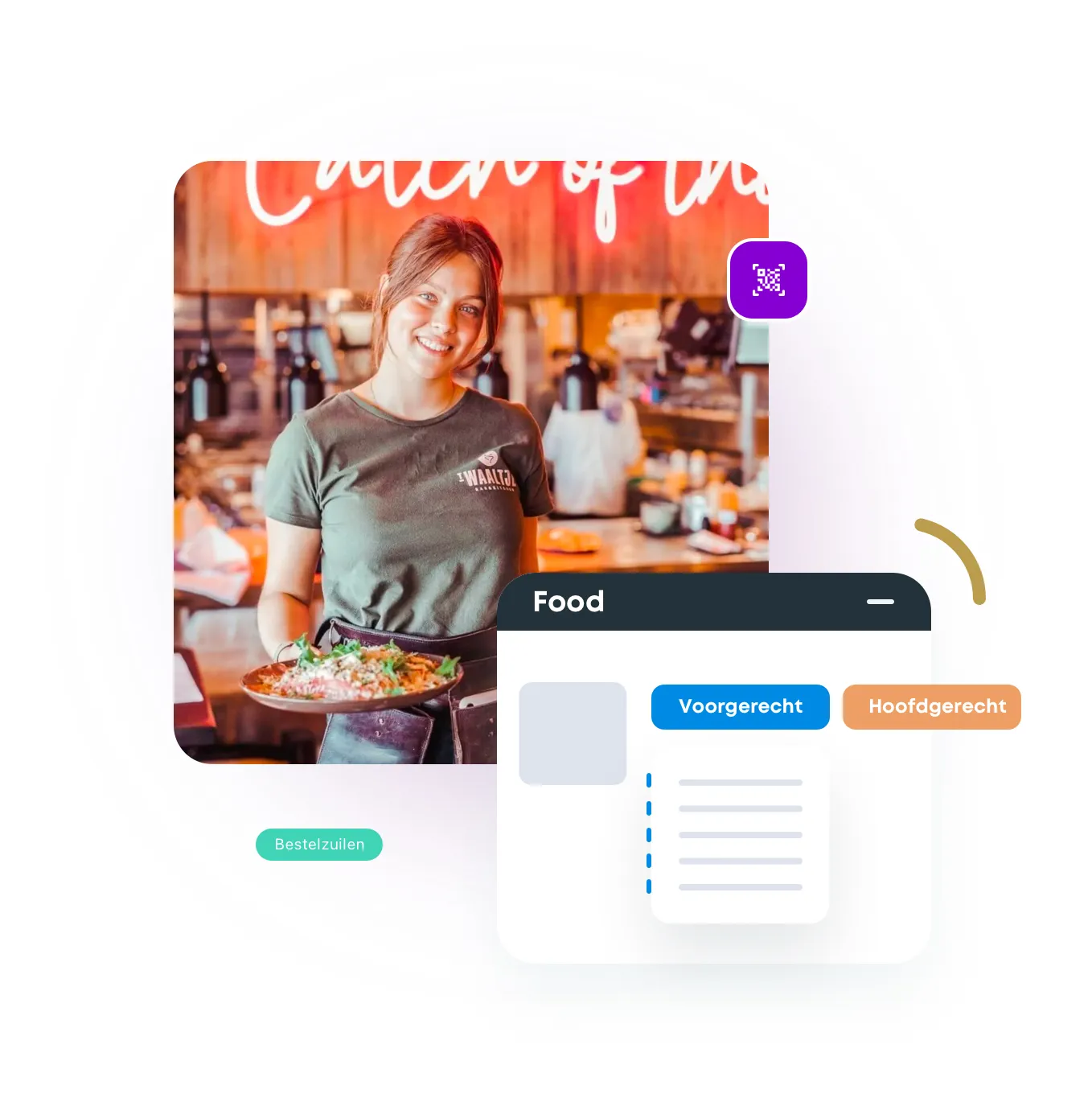 Waitress holding a plate of food, with a booq panel for ordering starters and main courses