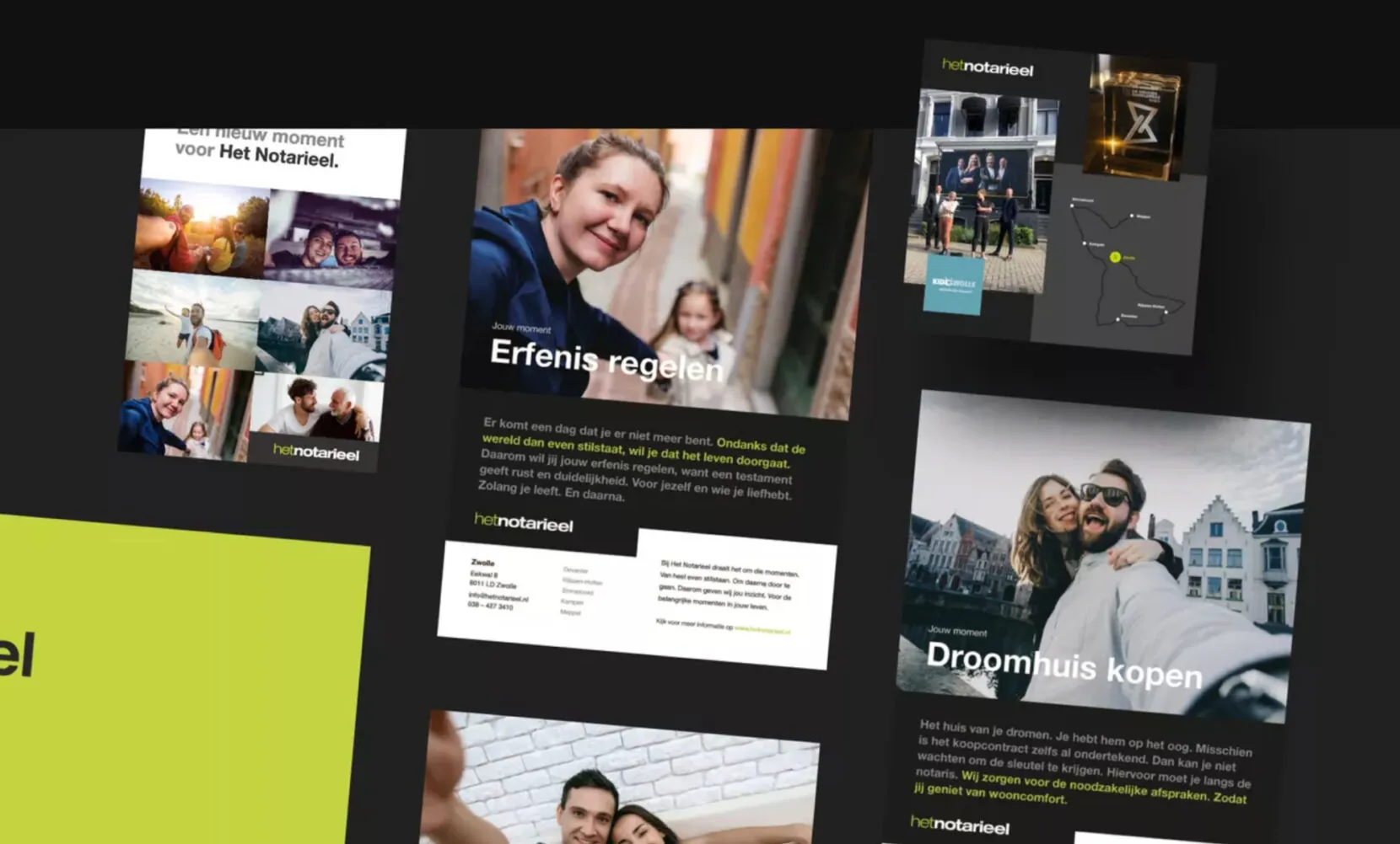 Het Notarieel printed materials in the new style, featuring the moments of settling an inheritance and buying a dream home