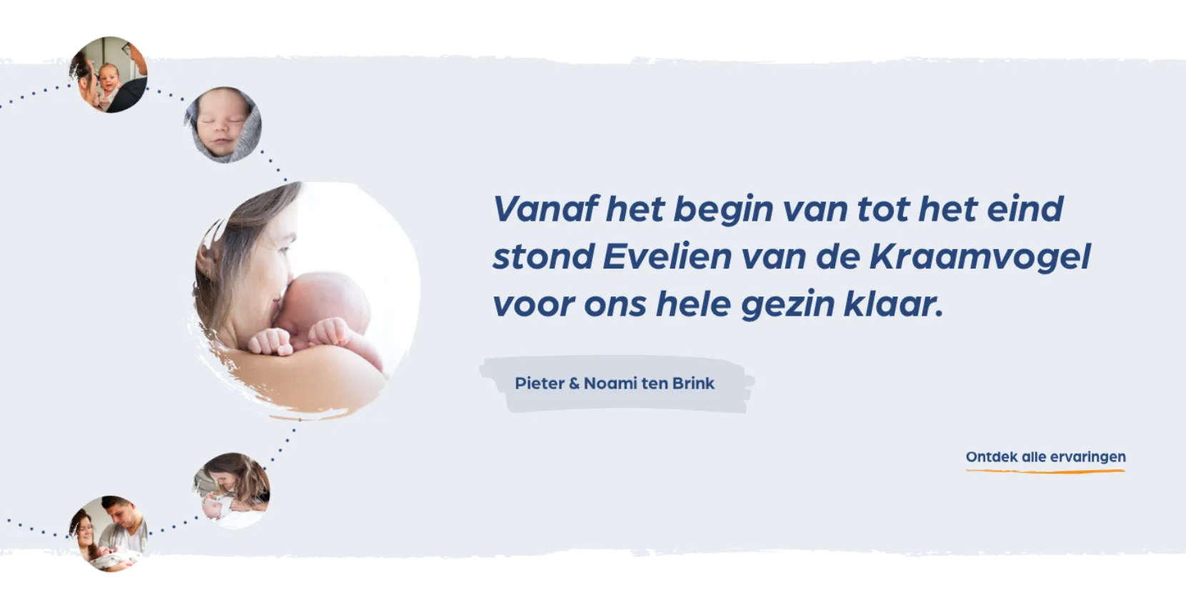 Website section with experiences: round photos of parents with babies and a quote from parents saying that Evelien from De Kraamvogel was there for their whole family from beginning to end