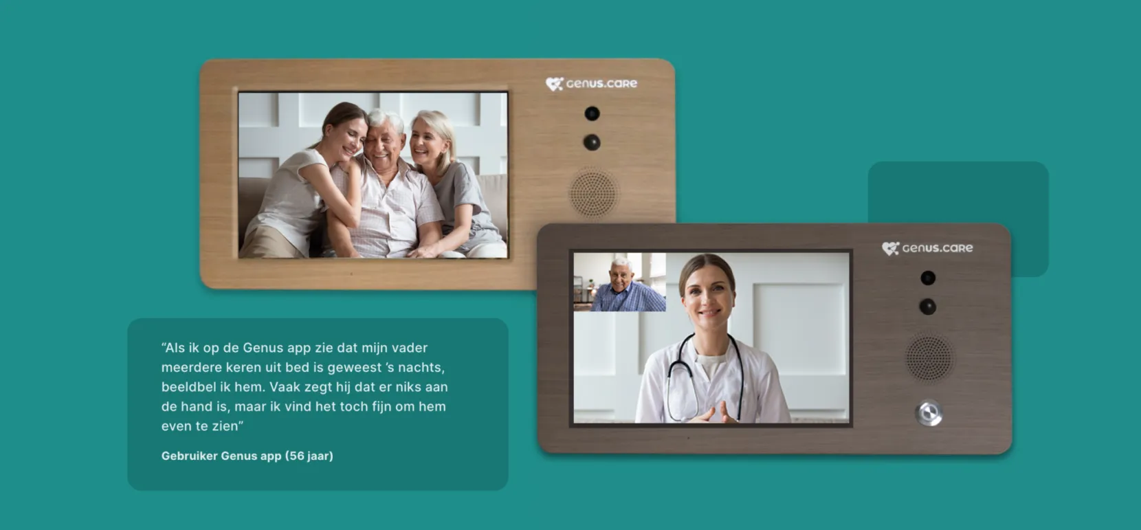 Two Genus devices, one showing a family photo and one a video call with a care professional, with a quote from a Genus app user