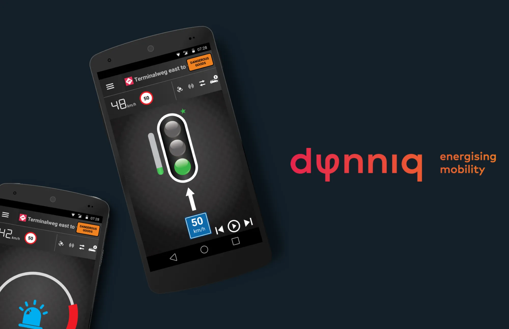 Two smartphones running the GreenFlow for Trucks app, showing a green traffic light and advisory speed, next to the Dynniq logo