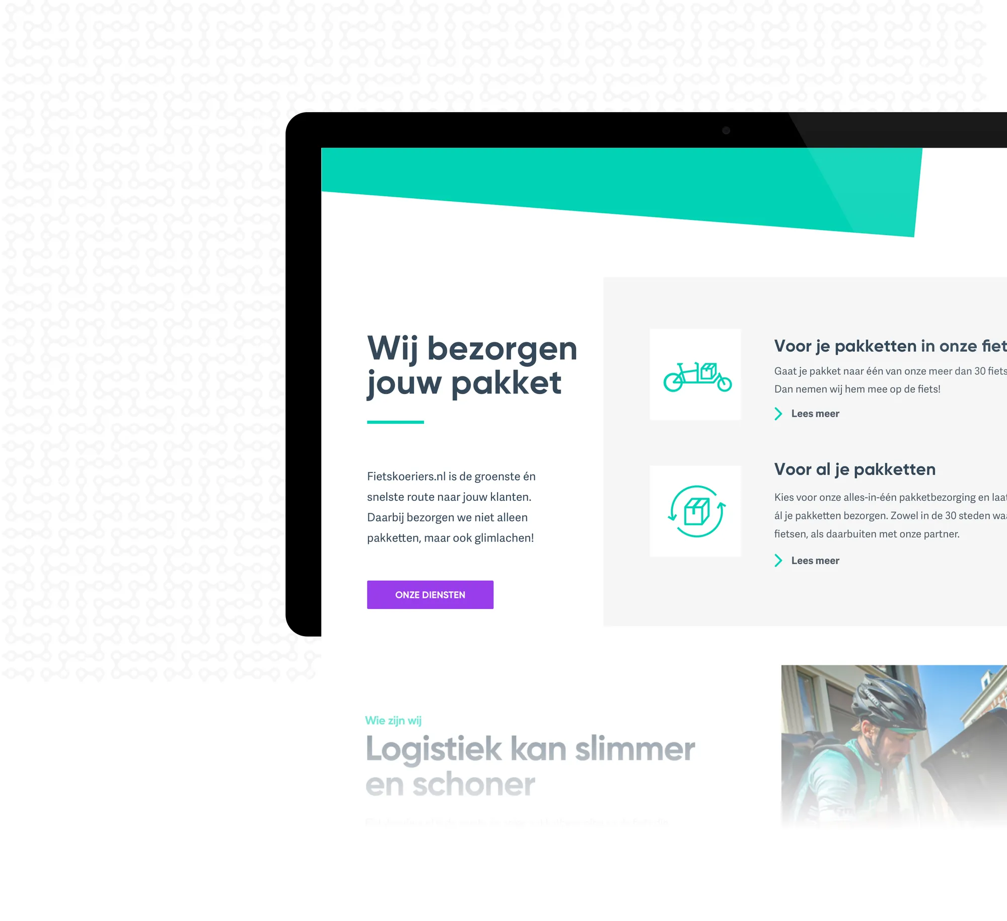 Laptop showing the Fietskoeriers.nl homepage, headed ‘Wij bezorgen jouw pakket’ (we deliver your parcel)