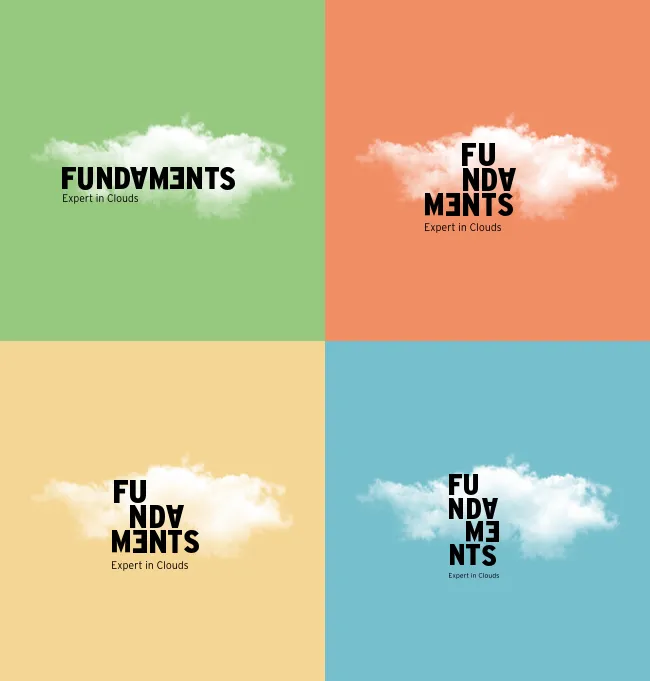 Vier varianten van het Fundaments-logo met een wolk, op groene, oranje, gele en blauwe achtergronden