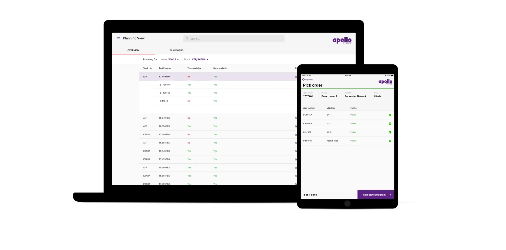 Laptop showing the planning view of Apollo's warehouse system and a tablet showing a pick order