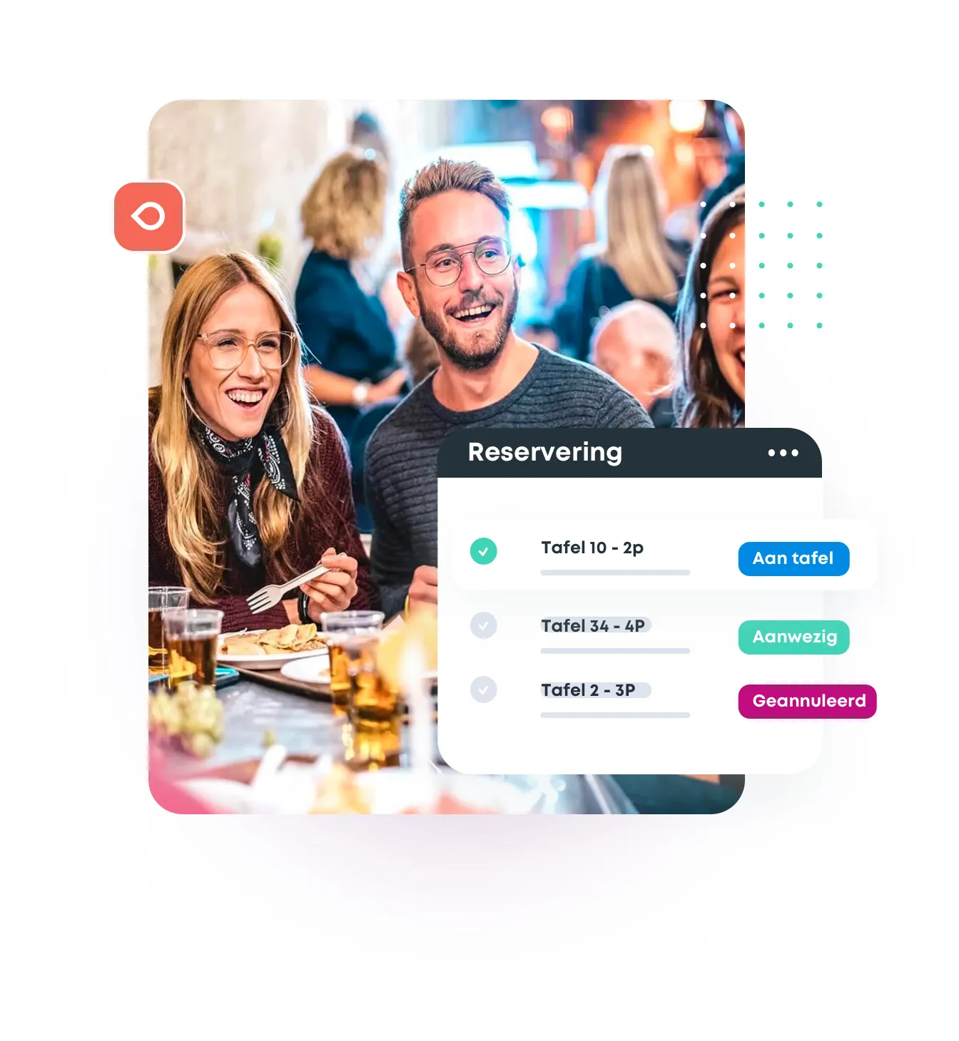 Smiling guests at a table, with a booq reservations panel showing tables and their status