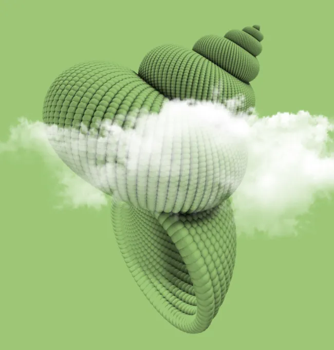 Groene 3D-schelp die deels in een wolk is gehuld, op een groene achtergrond