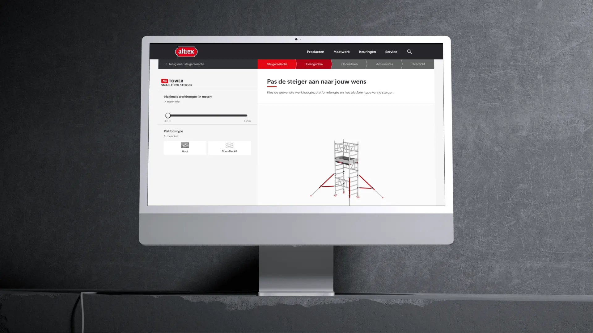 Desktop screen showing the scaffold configurator on the Altrex website