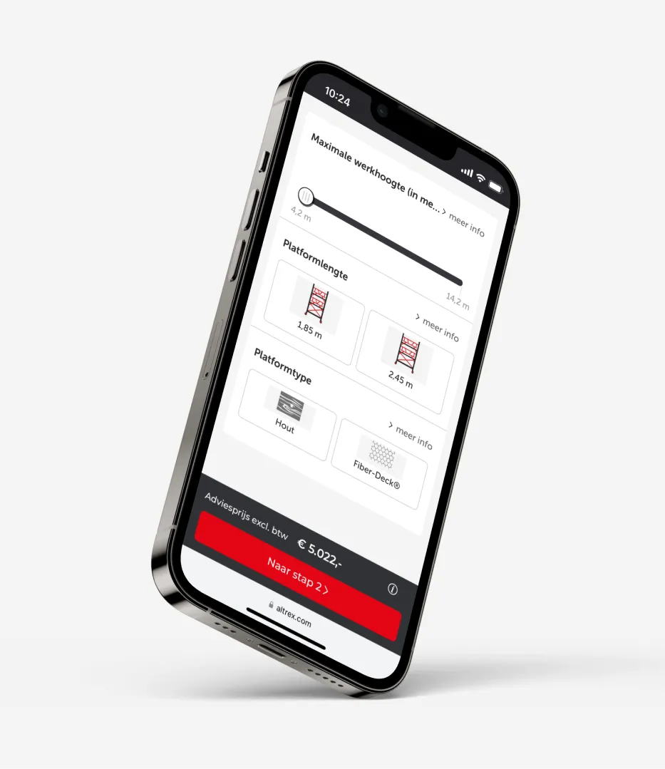 Smartphone showing the scaffold configurator: choosing working height, platform length and platform type