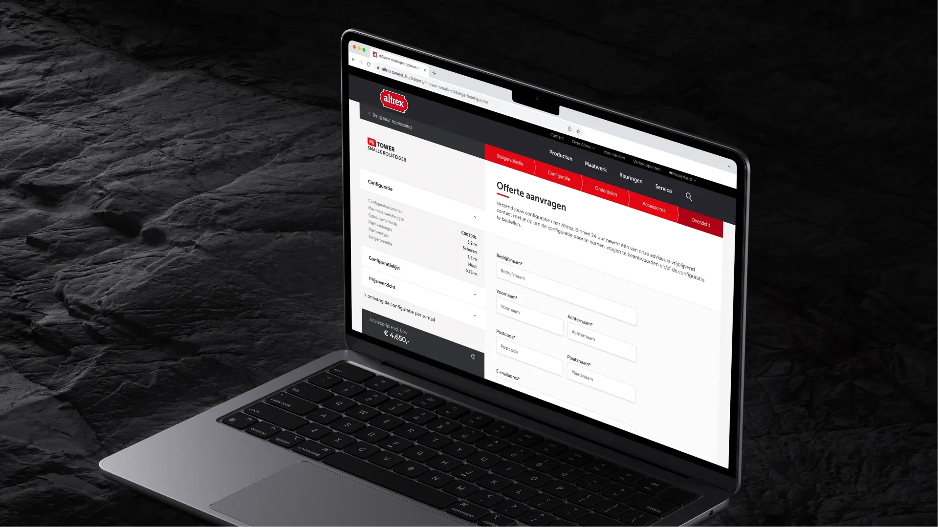 Laptop showing the quote request form of the scaffold configurator on altrex.com