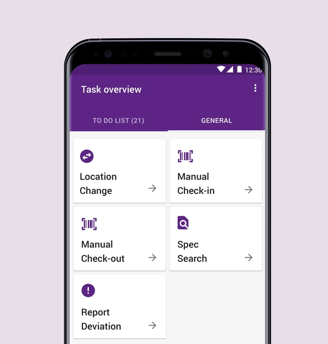 Smartphone showing the Android app's task overview: location change, manual check-in and check-out, spec search and report deviation
