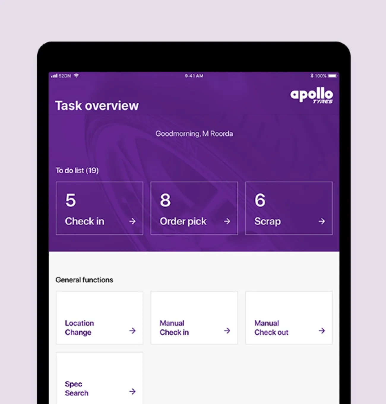Tablet showing the Apollo task overview: a to-do list for check-in, order picking and scrap, plus general functions