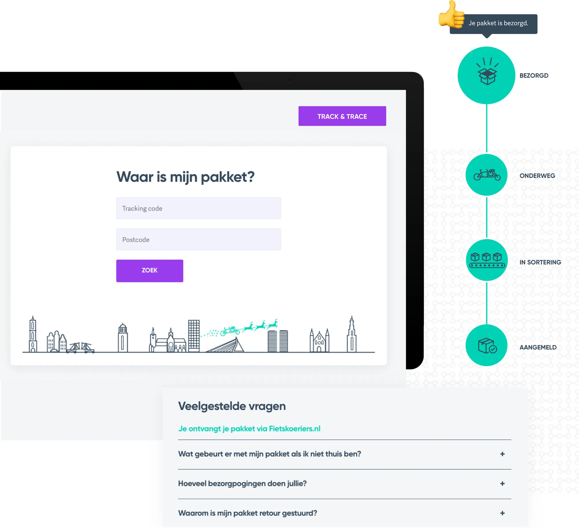 Track & trace page ‘Waar is mijn pakket?’ (where is my parcel?) with a search form, the delivery statuses from registered to delivered, and FAQs