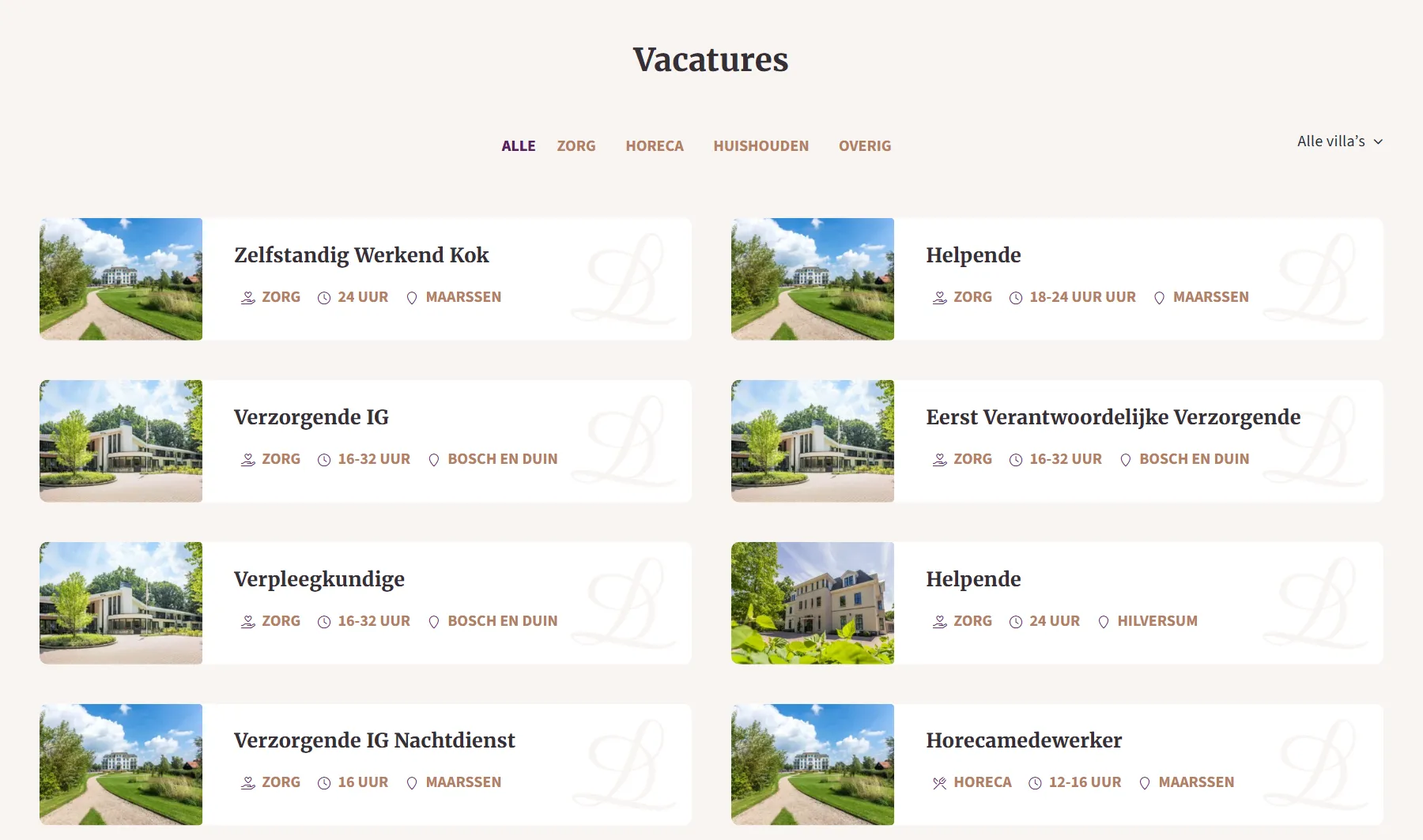 Vacancy overview on zorggroepdelaren.nl with filters for care, hospitality, housekeeping and other, an ‘Alle villa’s’ (all villas) drop-down and vacancy cards showing job title, hours and location, such as Zelfstandig Werkend Kok (cook) in Maarssen and Verzorgende IG (carer) in Bosch en Duin