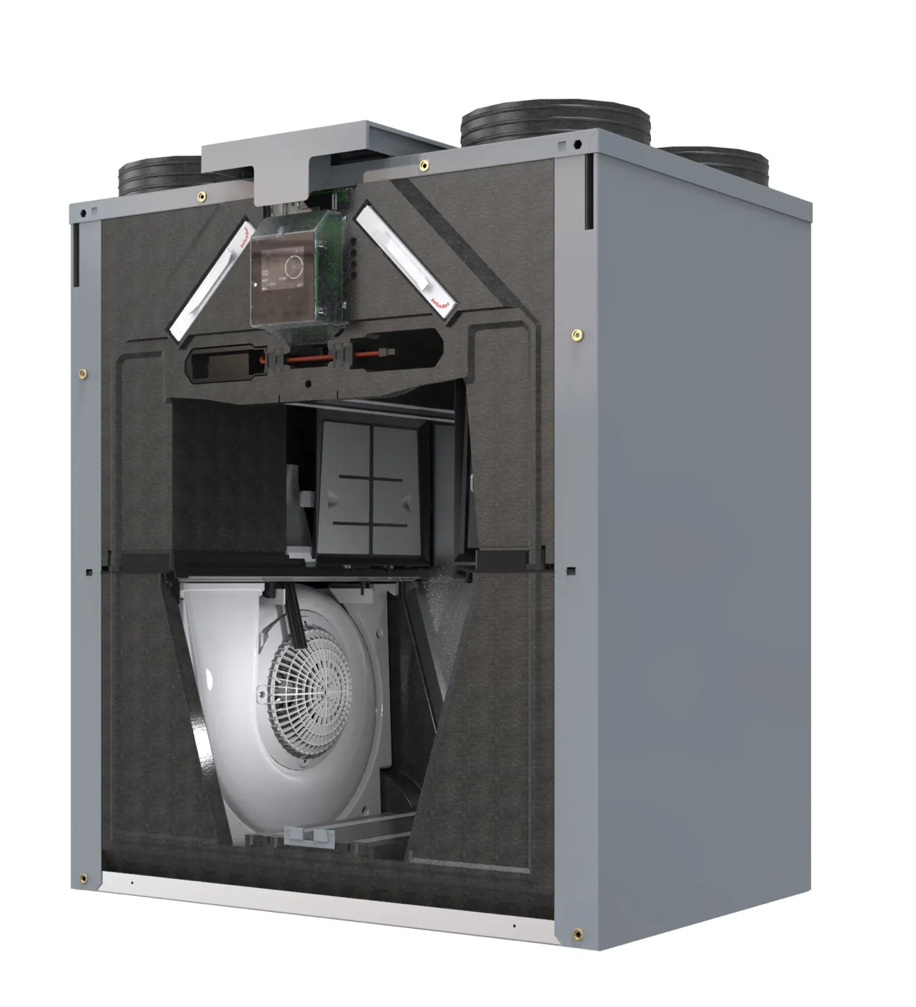Opengewerkte Zehnder-ventilatie-unit met ventilator, filters en elektronica