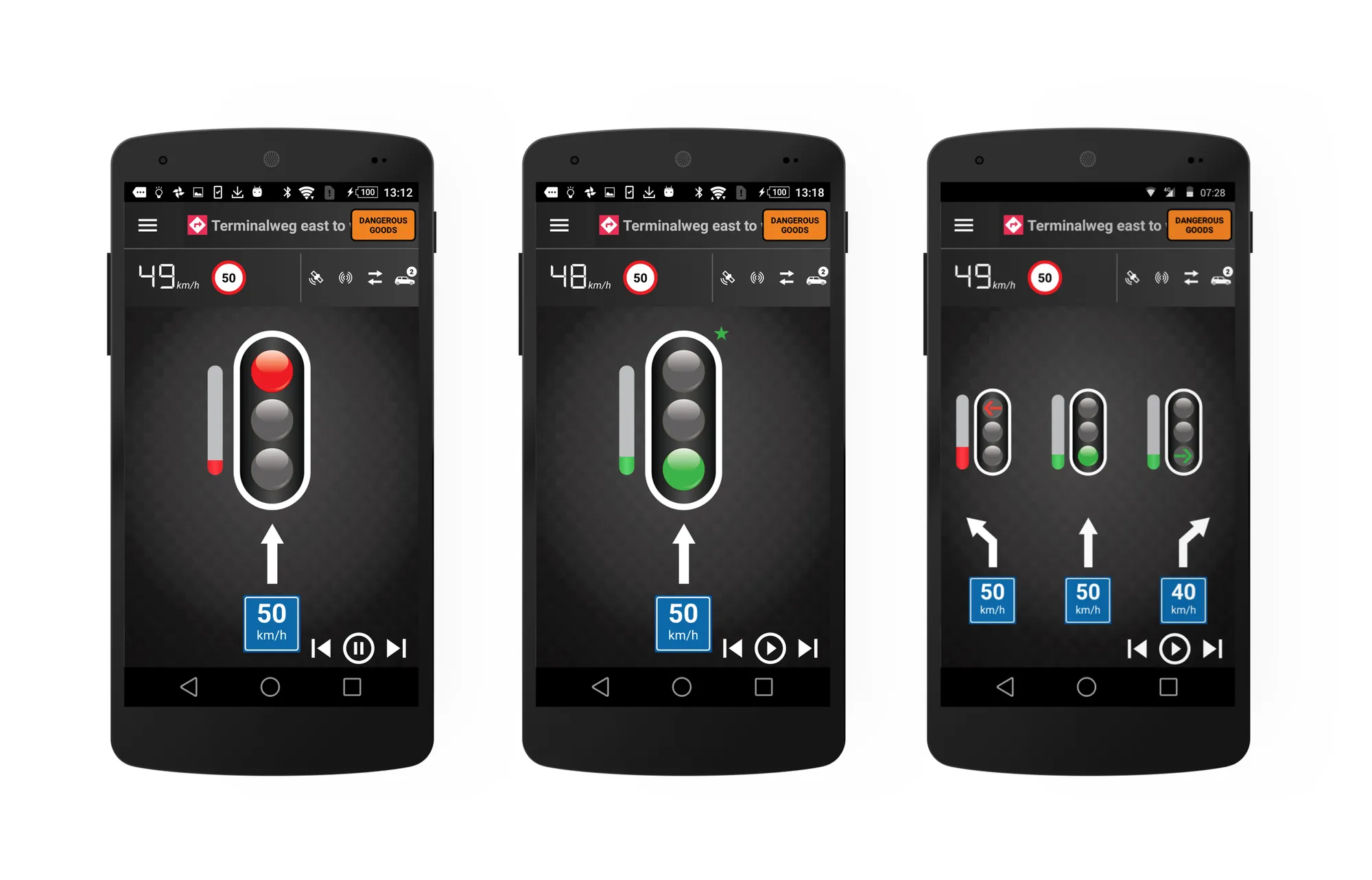 Three app screens showing traffic light status: red, green and per lane, with advisory speeds