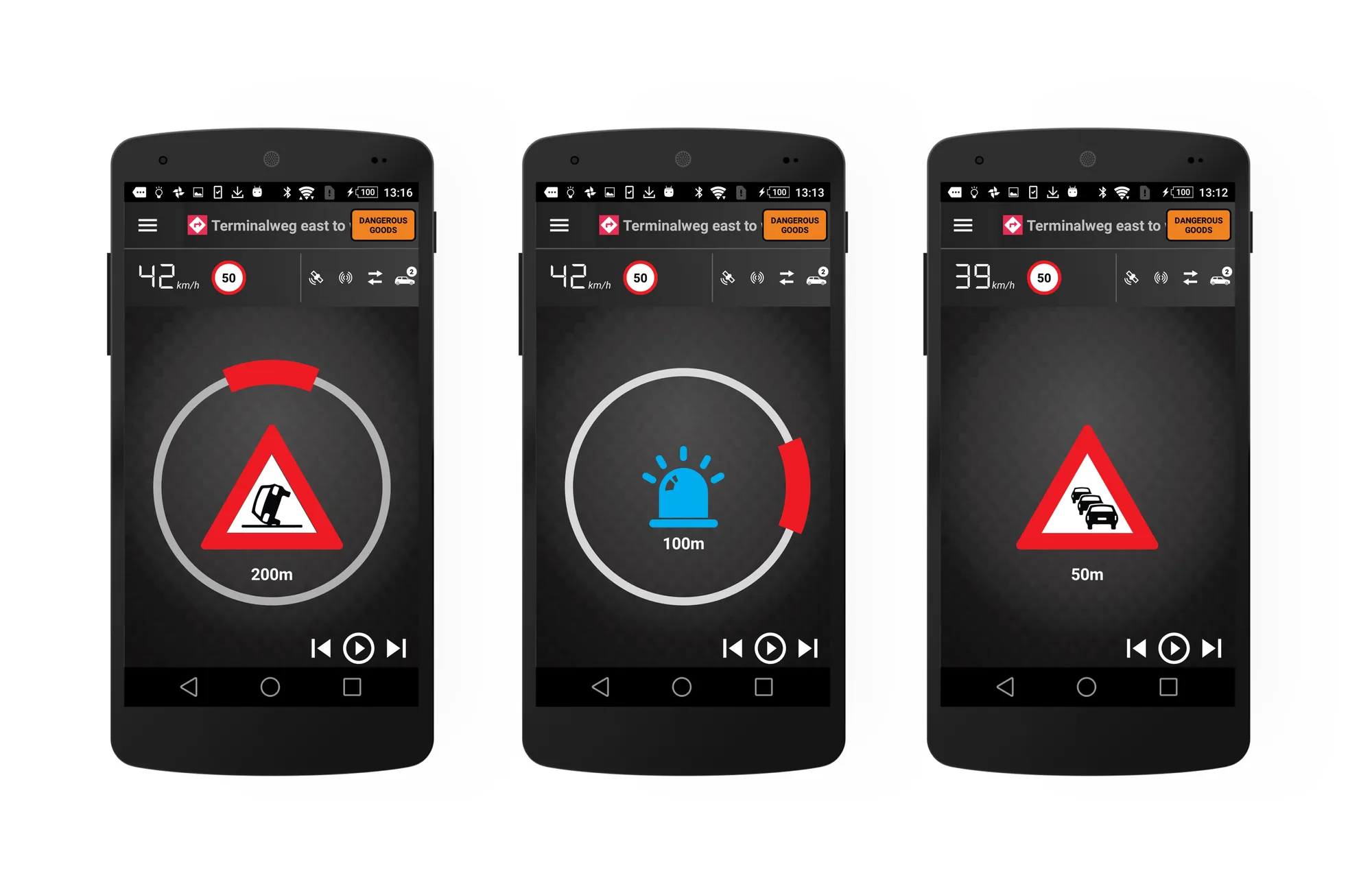 Three app screens warning of an accident, an emergency vehicle and a traffic jam ahead