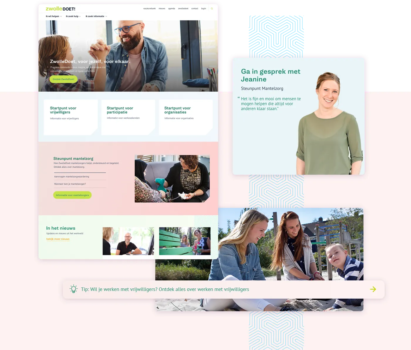 Collage of the ZwolleDoet! website: the homepage with starting points for volunteers, participation and organisations, a section about the informal carers' support centre and a tip about working with volunteers