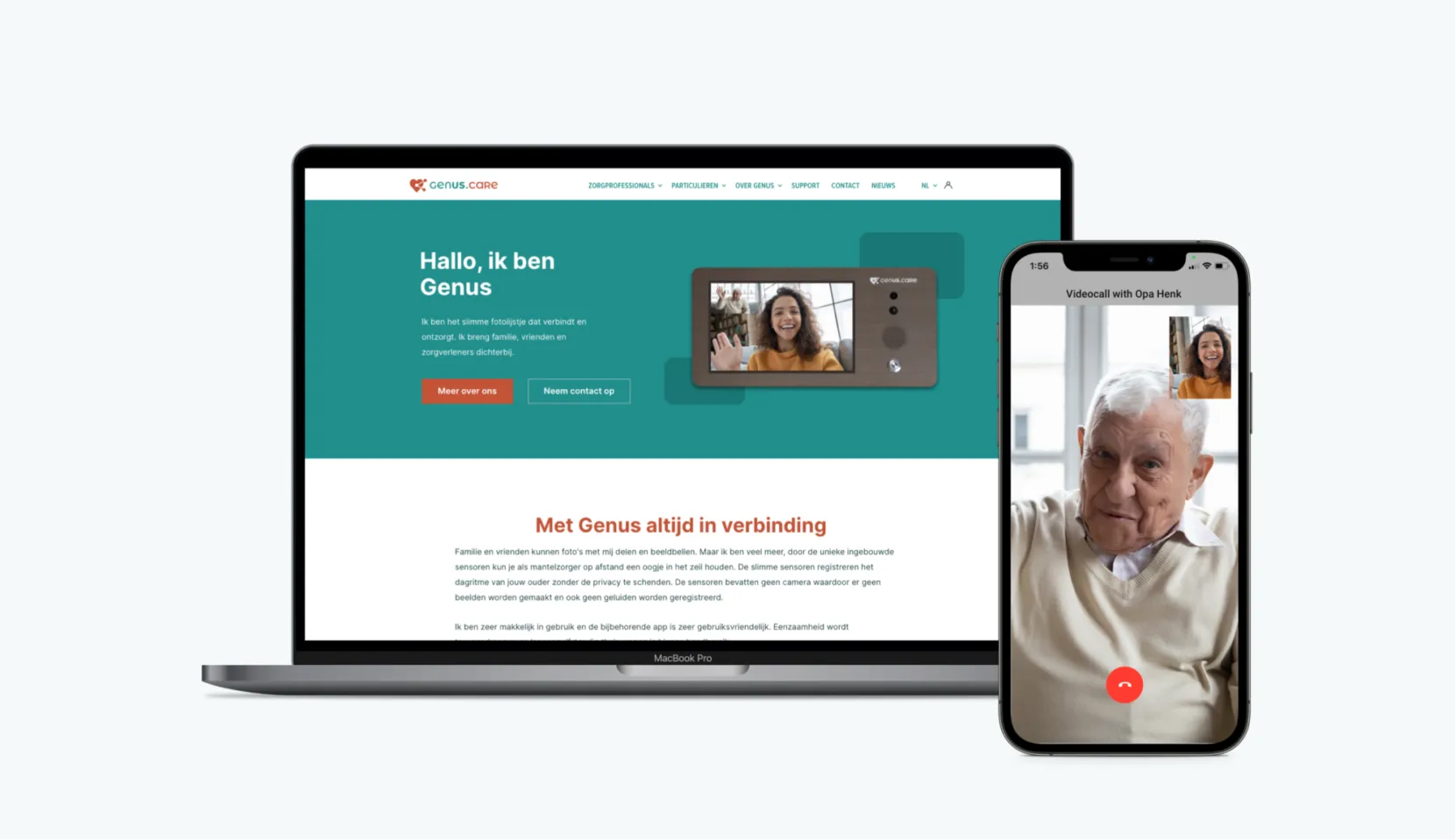 Laptop showing the Genus website and a smartphone with a video call in the Genus app