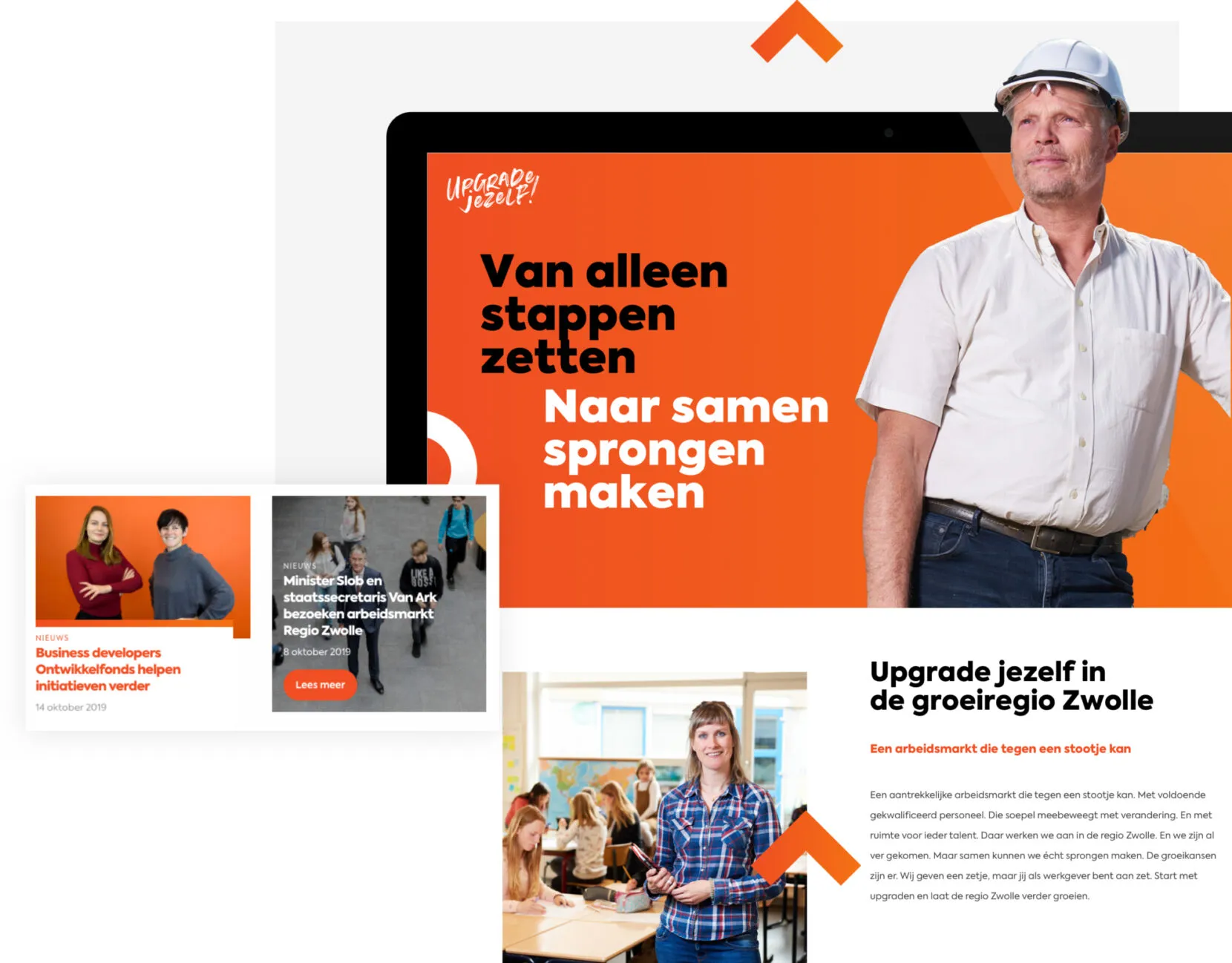 Laptop showing the Upgrade jezelf website with the slogan ‘Van alleen stappen zetten naar samen sprongen maken’ (from taking steps alone to making leaps together), plus news items and an introduction