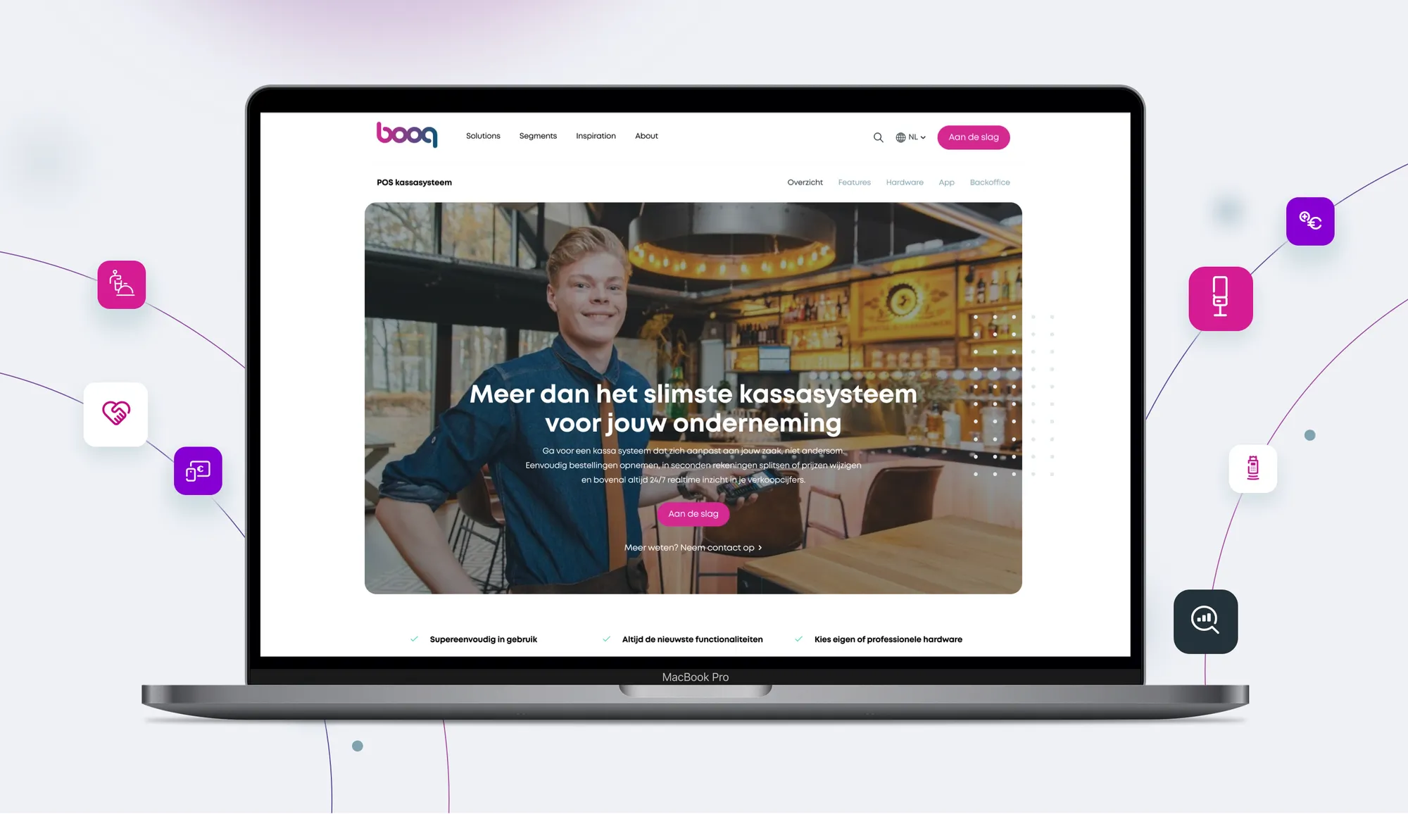 Laptop showing the POS system page of the new booq website, surrounded by icons