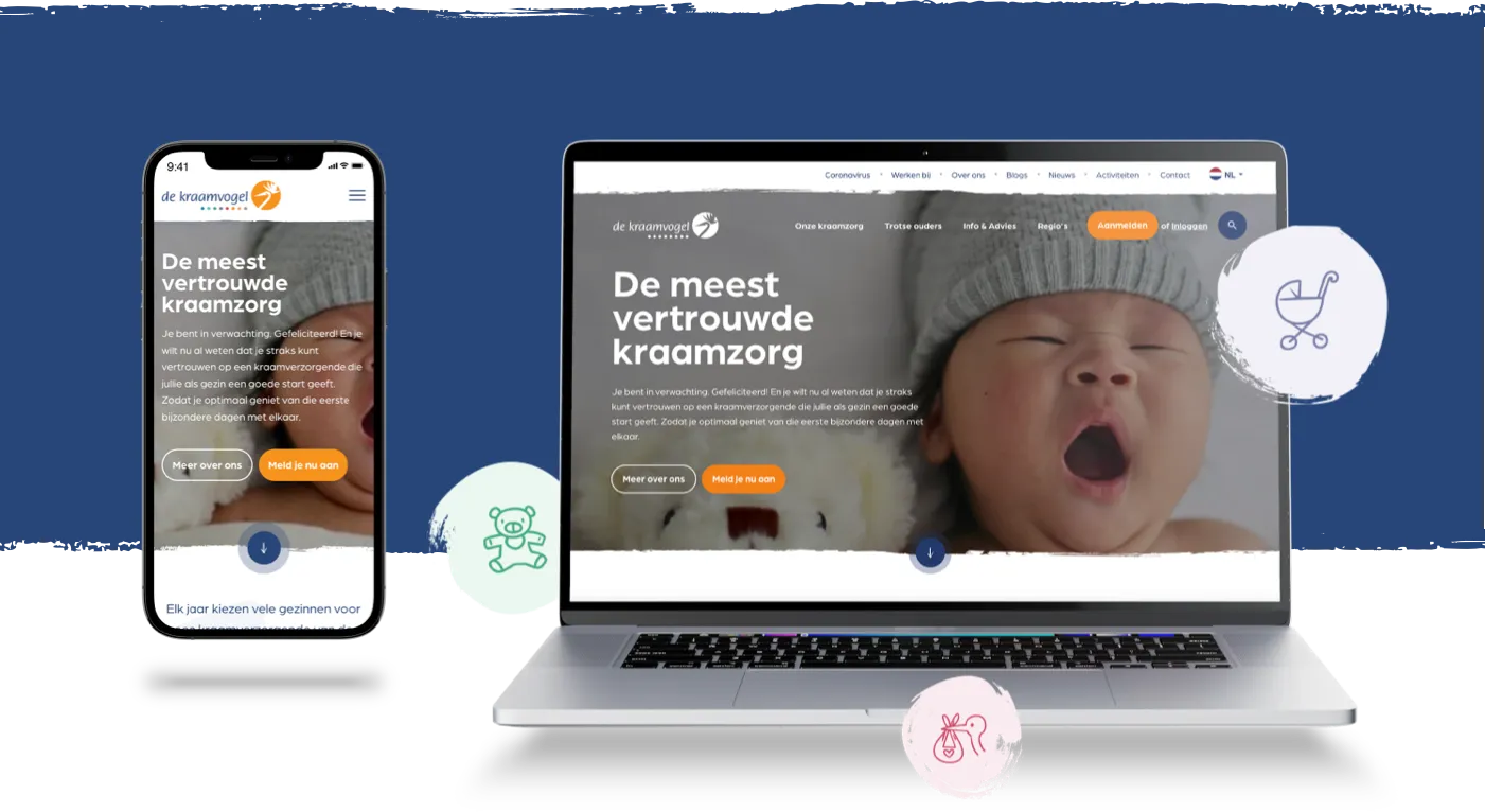 Smartphone and laptop showing the new De Kraamvogel homepage, headed ‘De meest vertrouwde kraamzorg’ (the most trusted maternity care)