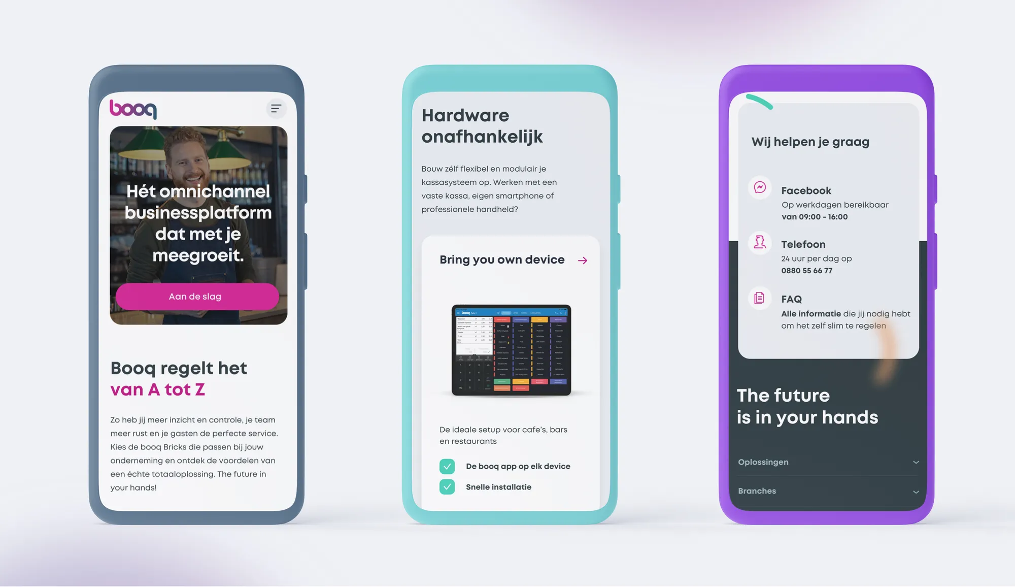 Three smartphones showing mobile pages of the new booq website
